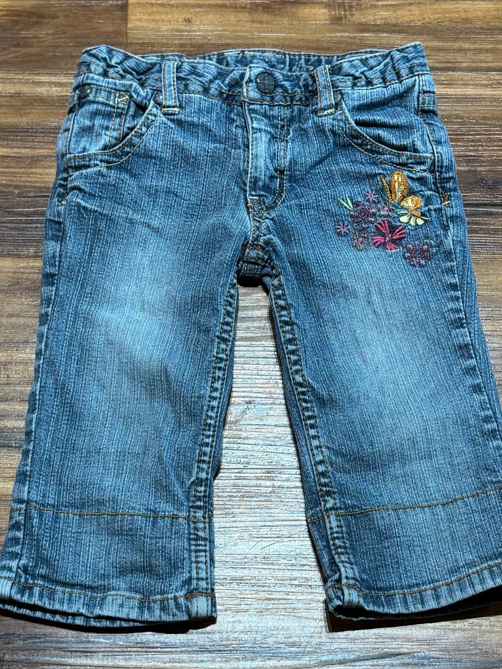 Blue Spice Girl’s Size 5 Butterfly Embroidered Jeans Floral Patchwork Cuffed Hem